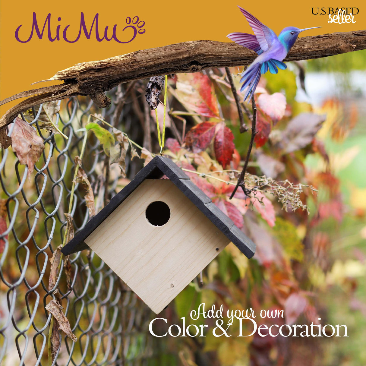 MiMu 6in Wood Birdhouse Kits for Adults - 4pk Unfinished Paintable Bird Houses for Outside Patio - Paint Your Own Hanging Diamond Birdhouse Party MiMu