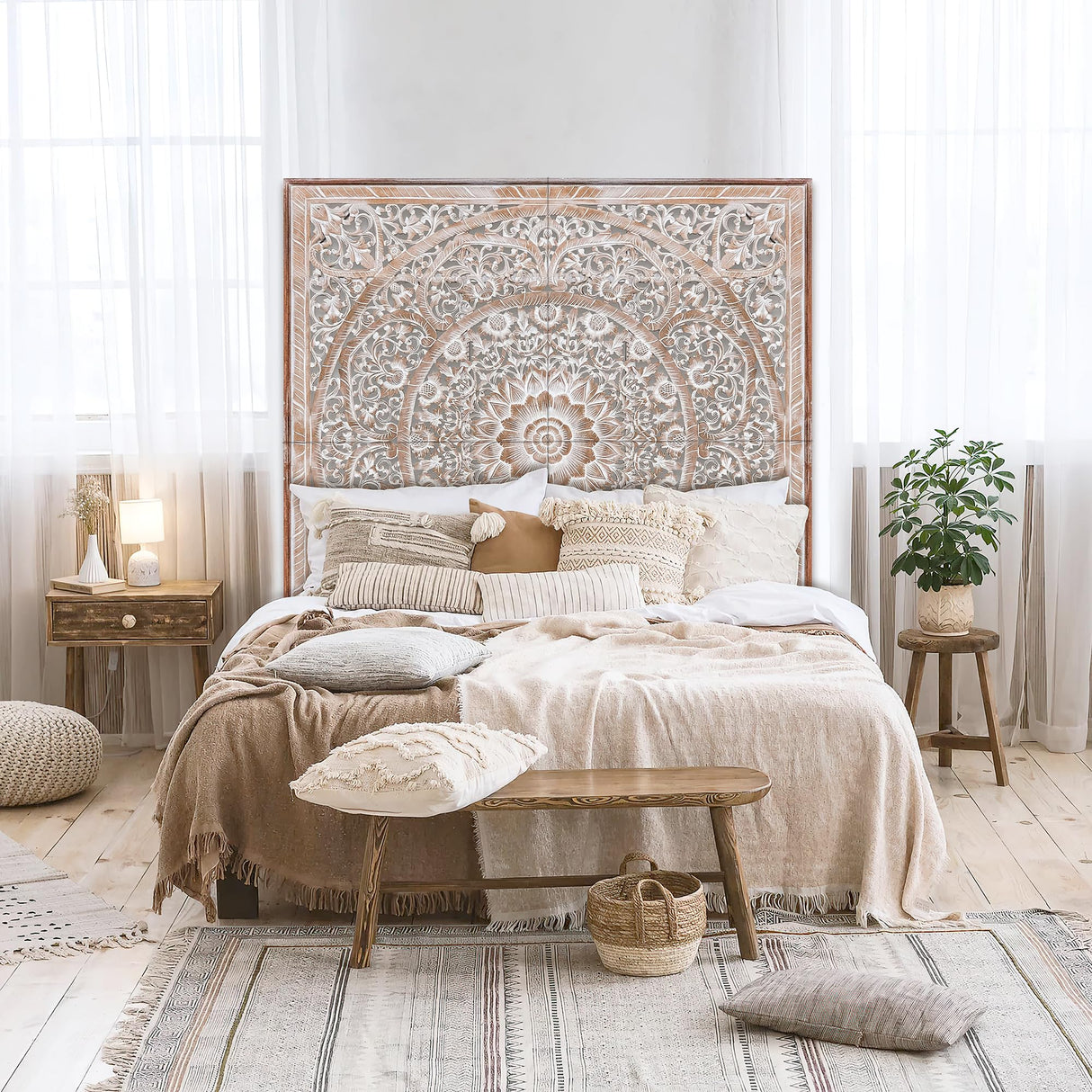 Queen Wood Headboard Rustic | Carved Full Headboard Only | Wooden Headboard Full Size Bed | Wall Mount Headboard Queen | Full Bed Headboard Panels KultureDeco