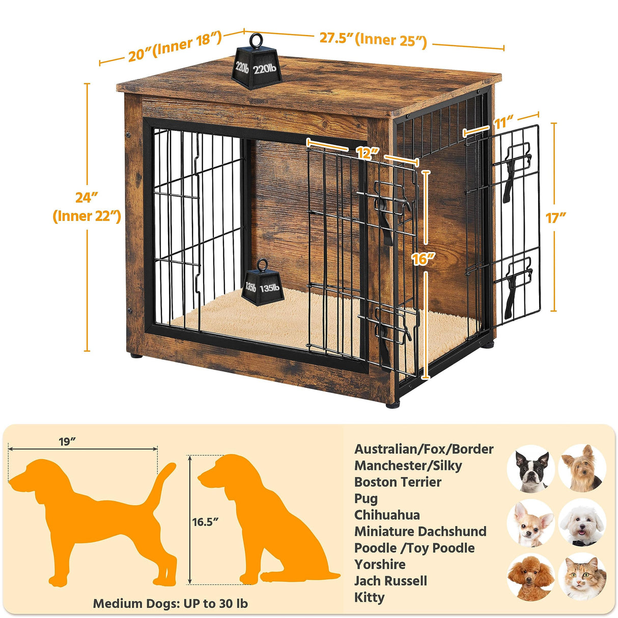 Yaheetech 27.5'' Dog Crate Furniture with Cushion Wooden Dog Crate with Double Doors/Adjustable Feet Side End Table for Small/Medium Dogs, 27.5" L x Yaheetech