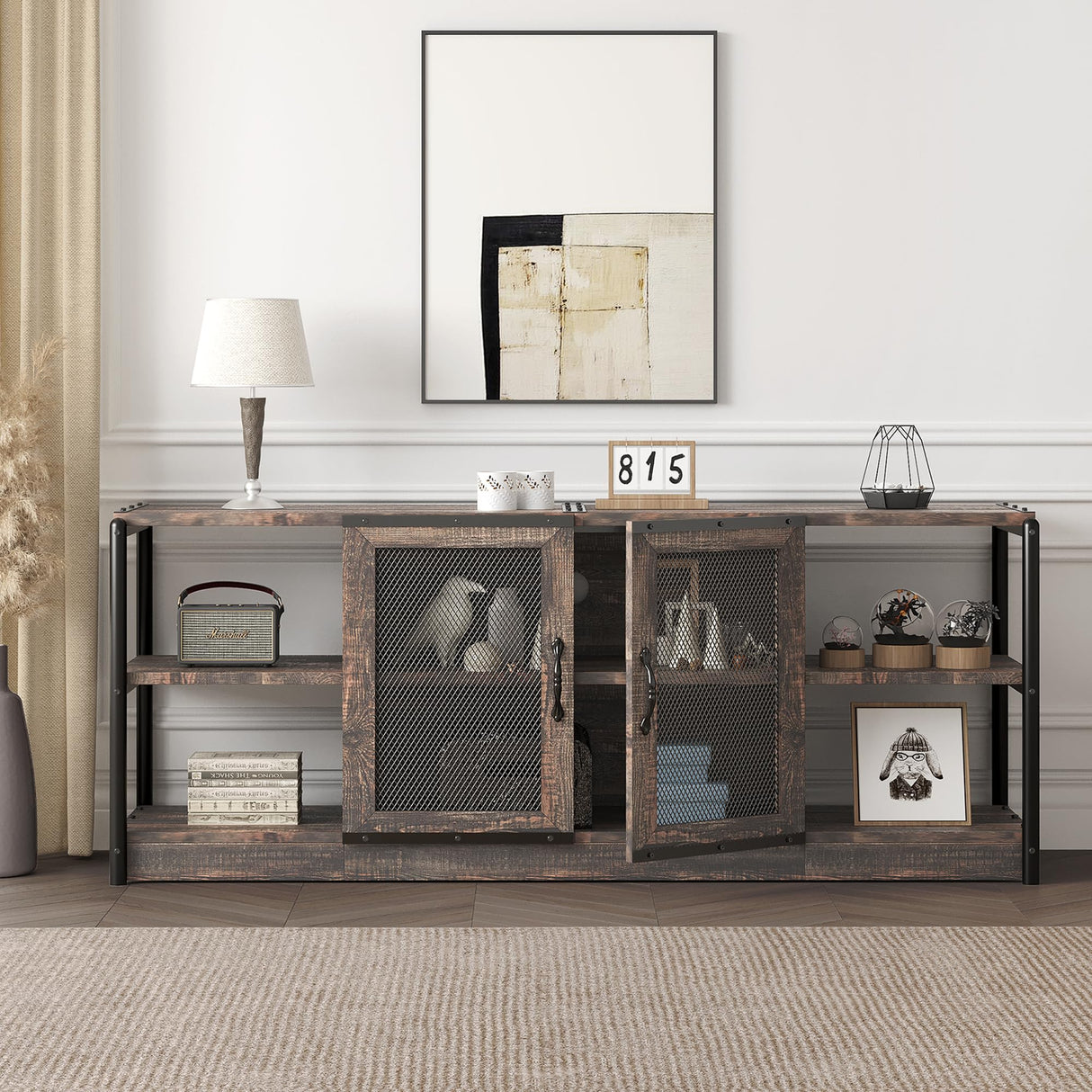 IDEALHOUSE TV Stand for 65+ Inch TV, Industrial Entertainment Center TV Media Console Table, Farmhouse TV Stand with Storage and Mesh Door, TV IDEALHOUSE