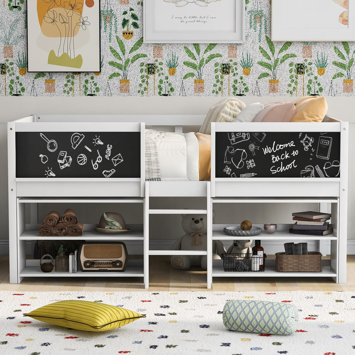 SOFTSEA Twin Size Low Loft Bed with Movable Shelves and Chalkboard - Space-Saving Wooden Design in White SOFTSEA