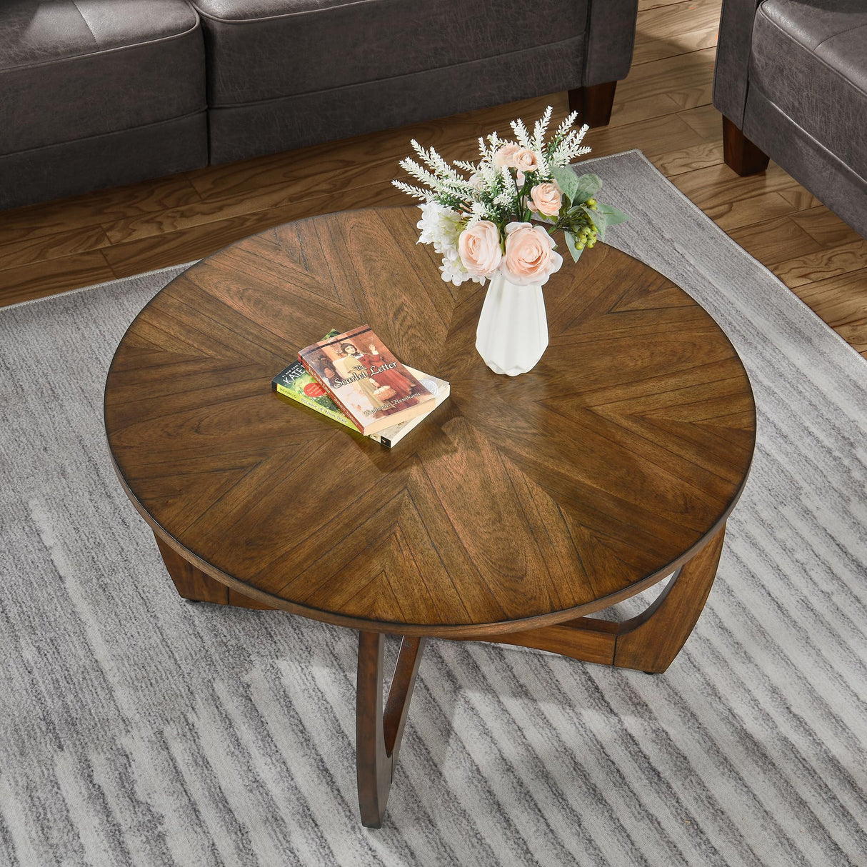 LEEMTORIG Round Coffee Table for Living Room Patio, 33.5" Mid-Century Modern Drum Round Wood Coffee Table with Cross Legs, Wood Grain Circle Coffee LEEMTORIG