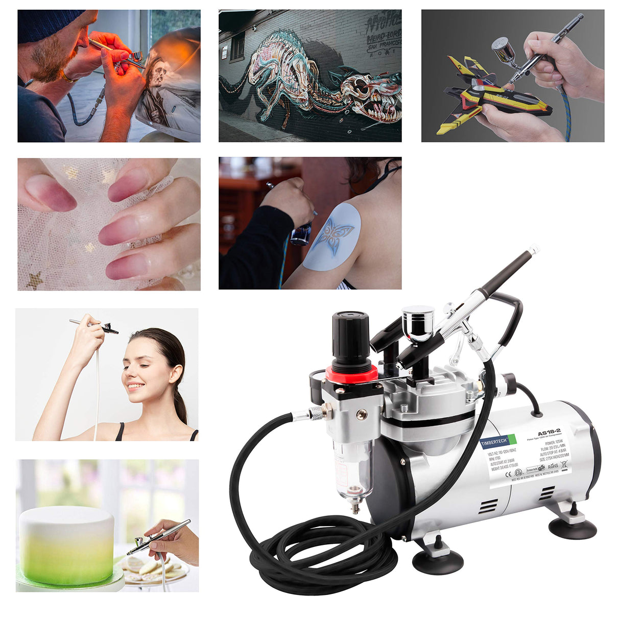 Timbertech Airbrush Kit with Compressor AS18-2K Basic Start Kit with Air Hose, Cleaning Brush & Test Paints for Hobby, Body Tattoo, Graphic and Any TIMBERTECH