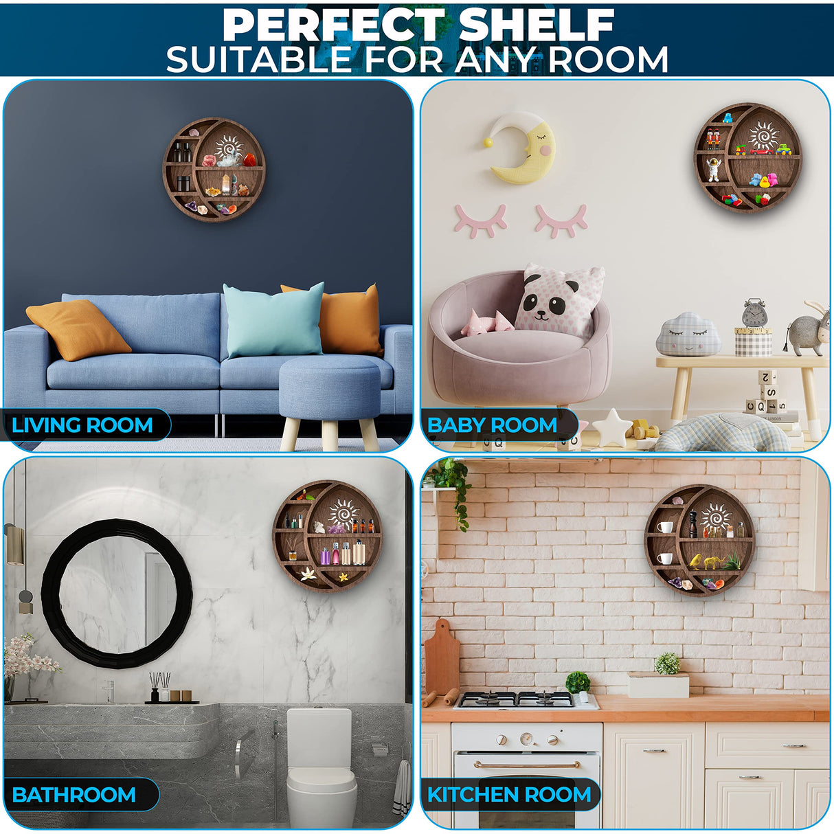 Wooden Crescent Sun Moon Shelf Wall Decor - Decorative Boho Home Hanging Display Shelf for Bedroom, Dorm, Nursery - Easy Mount Storage for Crystals Nimpro