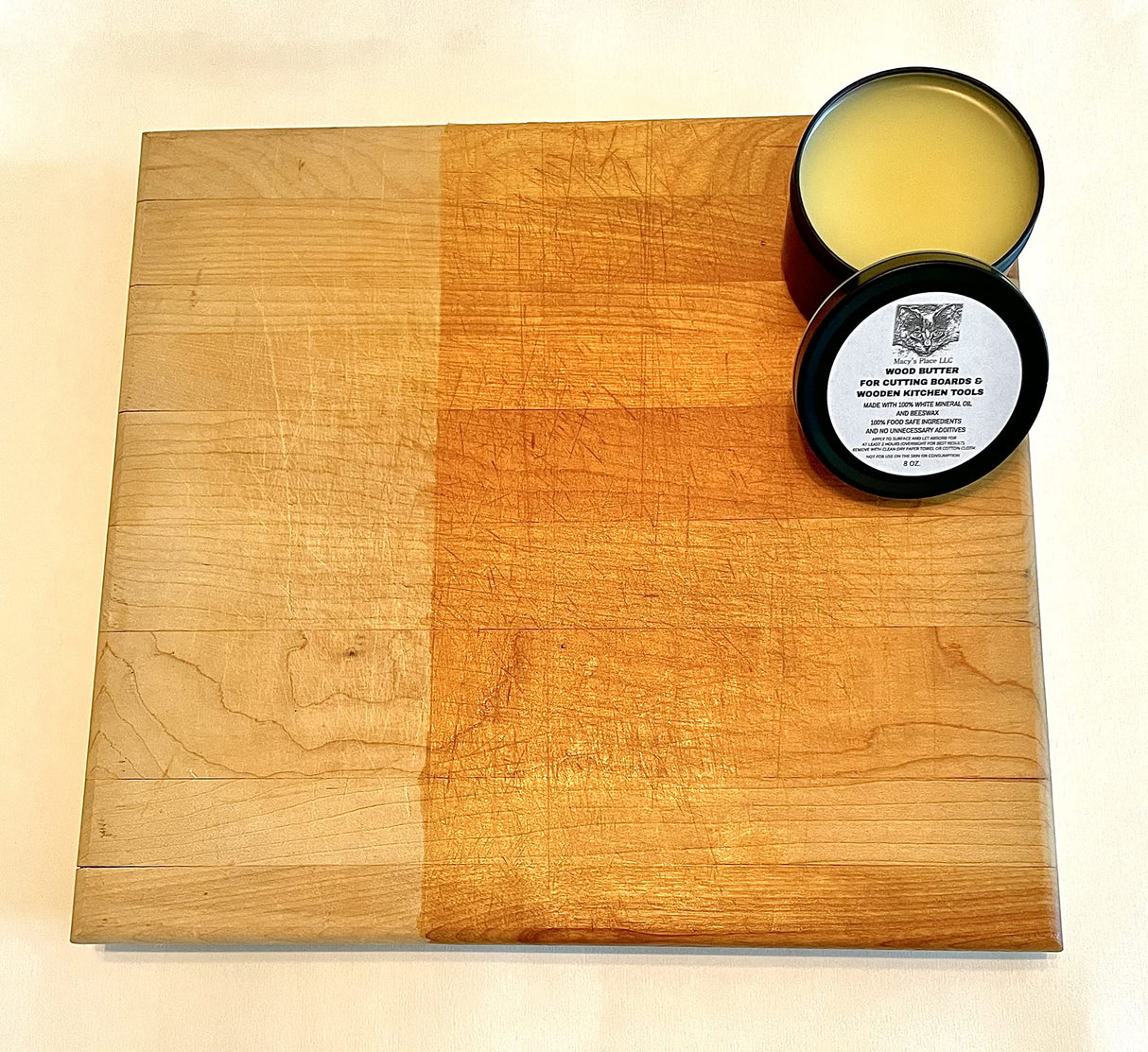 Wood Butter Cutting Board Wax - 8 oz - Conditioner for Butcher Block and Wooden Kitchen Tools. Macy;s Place Food Grade Mineral Oil and Beeswax for Macy's Place