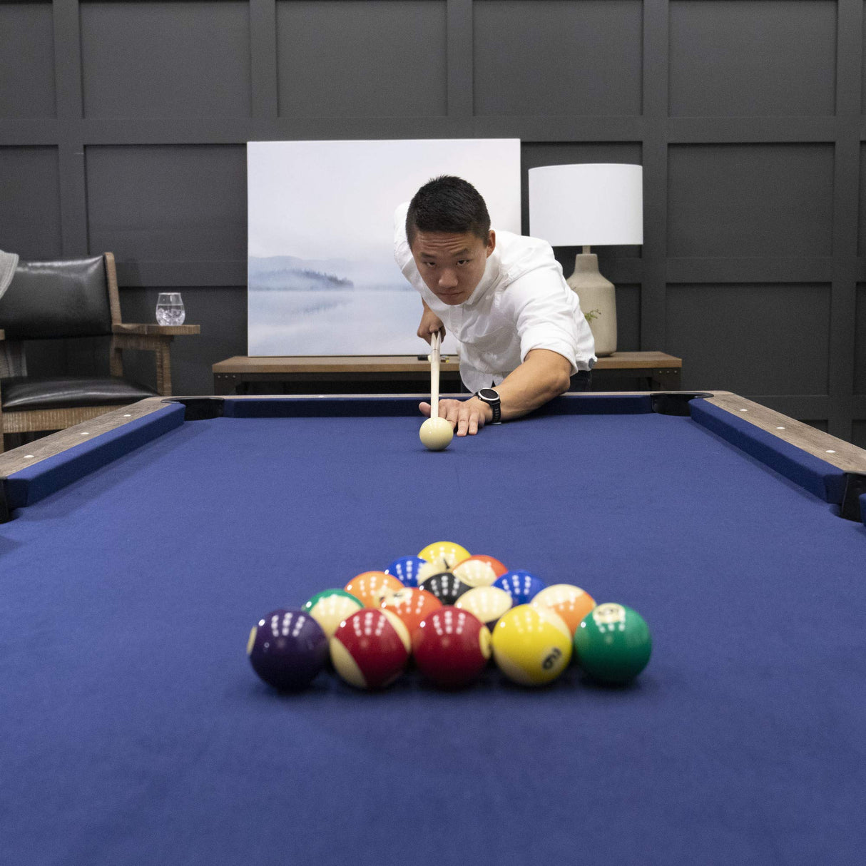 American Legend Brookdale 90” Billiard Table with Rustic Wood Finish and Navy Blue Cloth American Legend