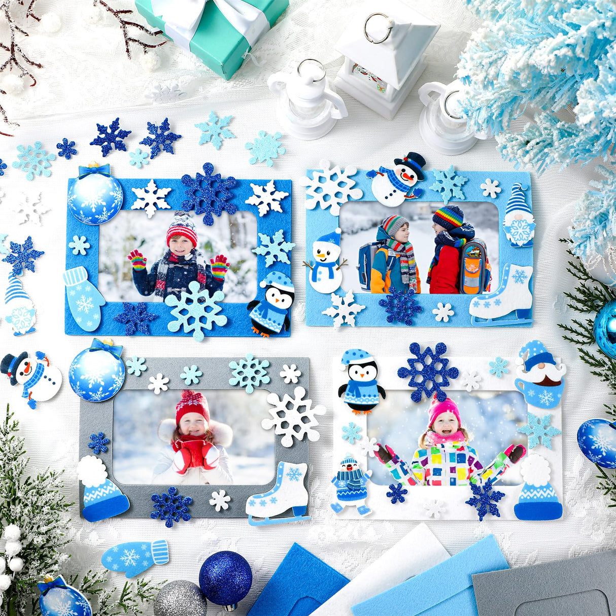 Ferraycle 232 Pieces Winter DIY Picture Frames Craft Kit for Kids 32 Pieces Winter Photo Frames with 200 Stickers to Decorate for Xmas Winter Party Ferraycle