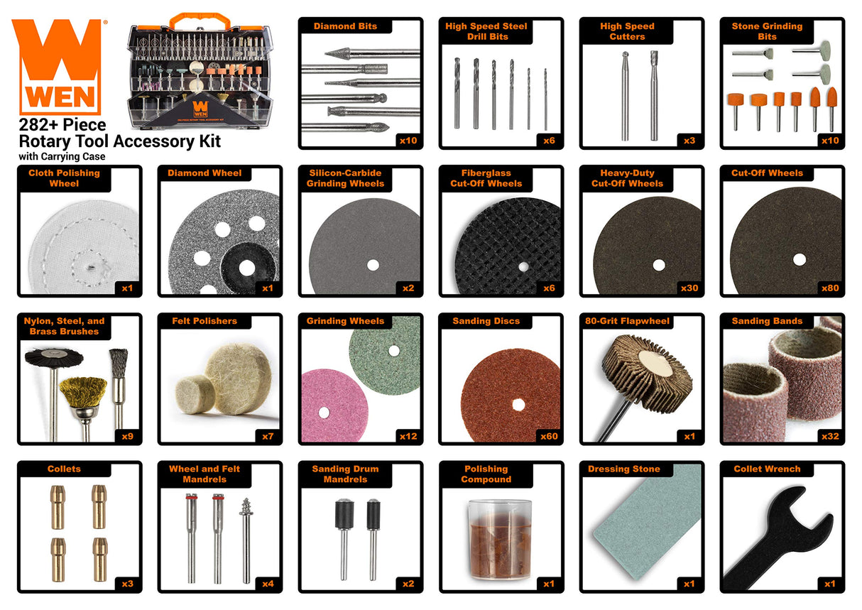WEN 230282A 282-Piece Rotary Tool Accessory Kit with Carrying Case WEN