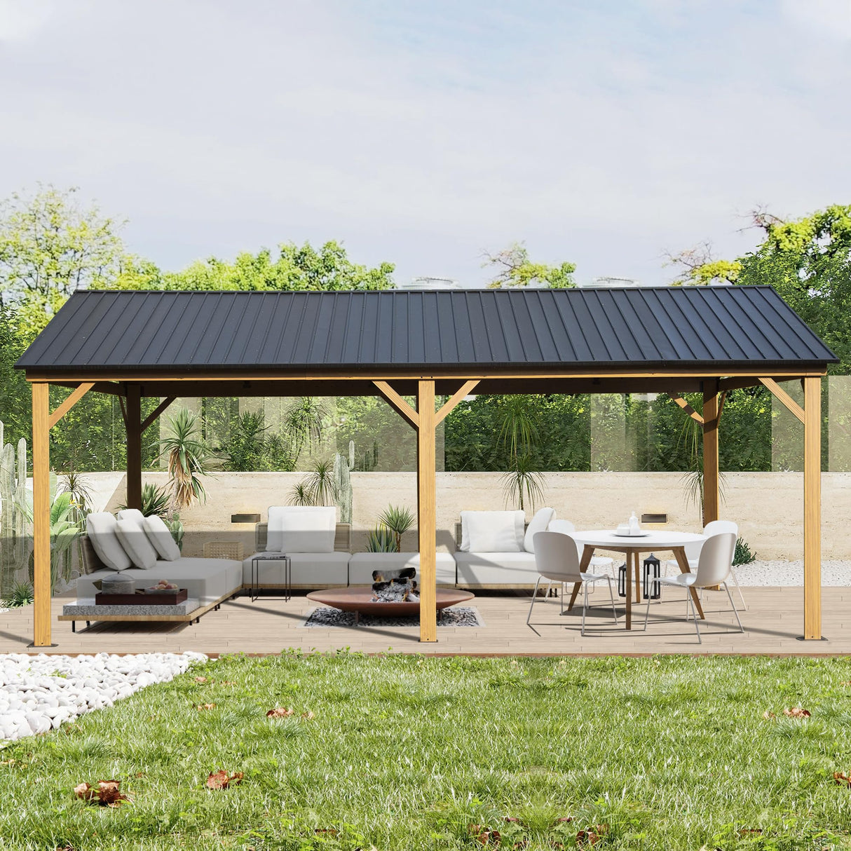 Domi 12' x 20' Hardtop Gazebo with Galvanized Steel Gable Roof, Pergola with Wood-Looking Aluminum Frame, Permanent Pavilion Outdoor Gazebo with domi outdoor living