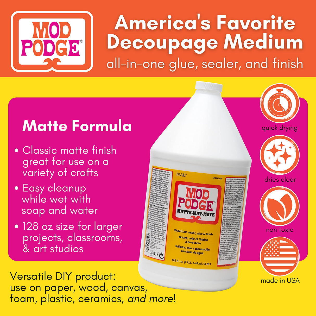 Mod Podge CS11304 Waterbase Sealer, Glue and Finish, 128 oz, Matte Mod Podge