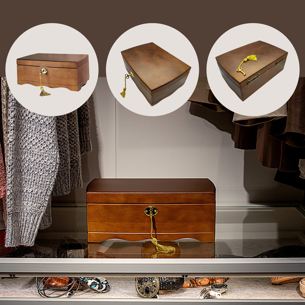 EURIELK Wooden Jewelry Box with Lock & Key for Women, Medium Size Real Natural Wood Lockable Antique Girls Organizer Boxes with Large Storage, Big EURIELK