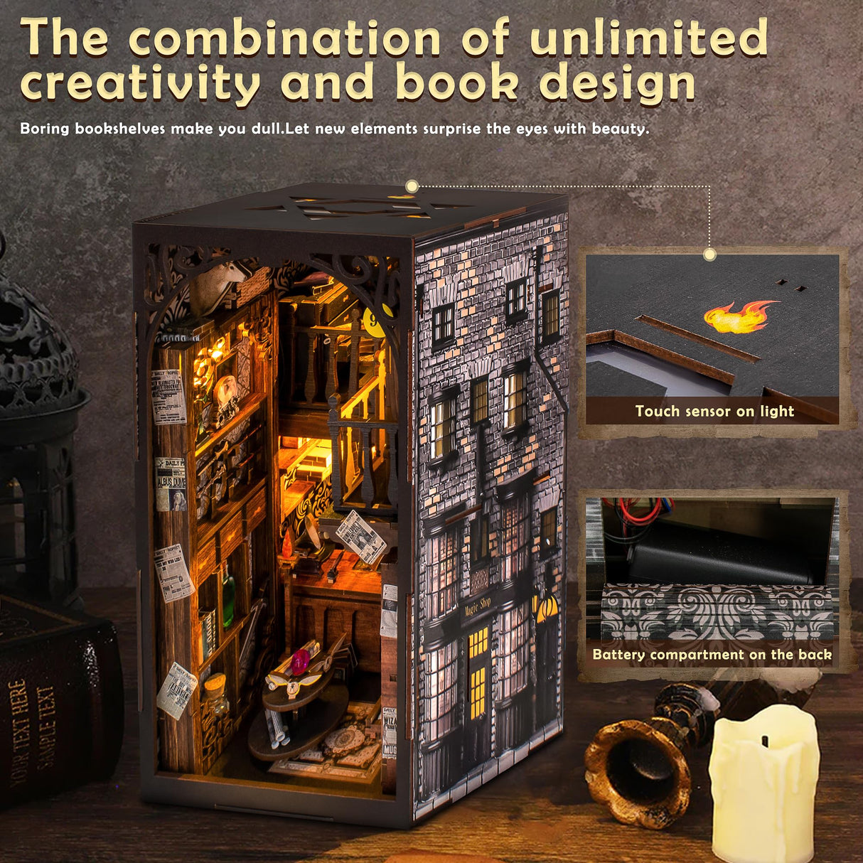 Wimlade DIY Book Nook Kit, Miniature Book Nook kit, Wooden 3D Puzzle Bookend Bookshelf Insert Decor, Halloween/Christmas Decorations/Gifts for Adults Wimlade