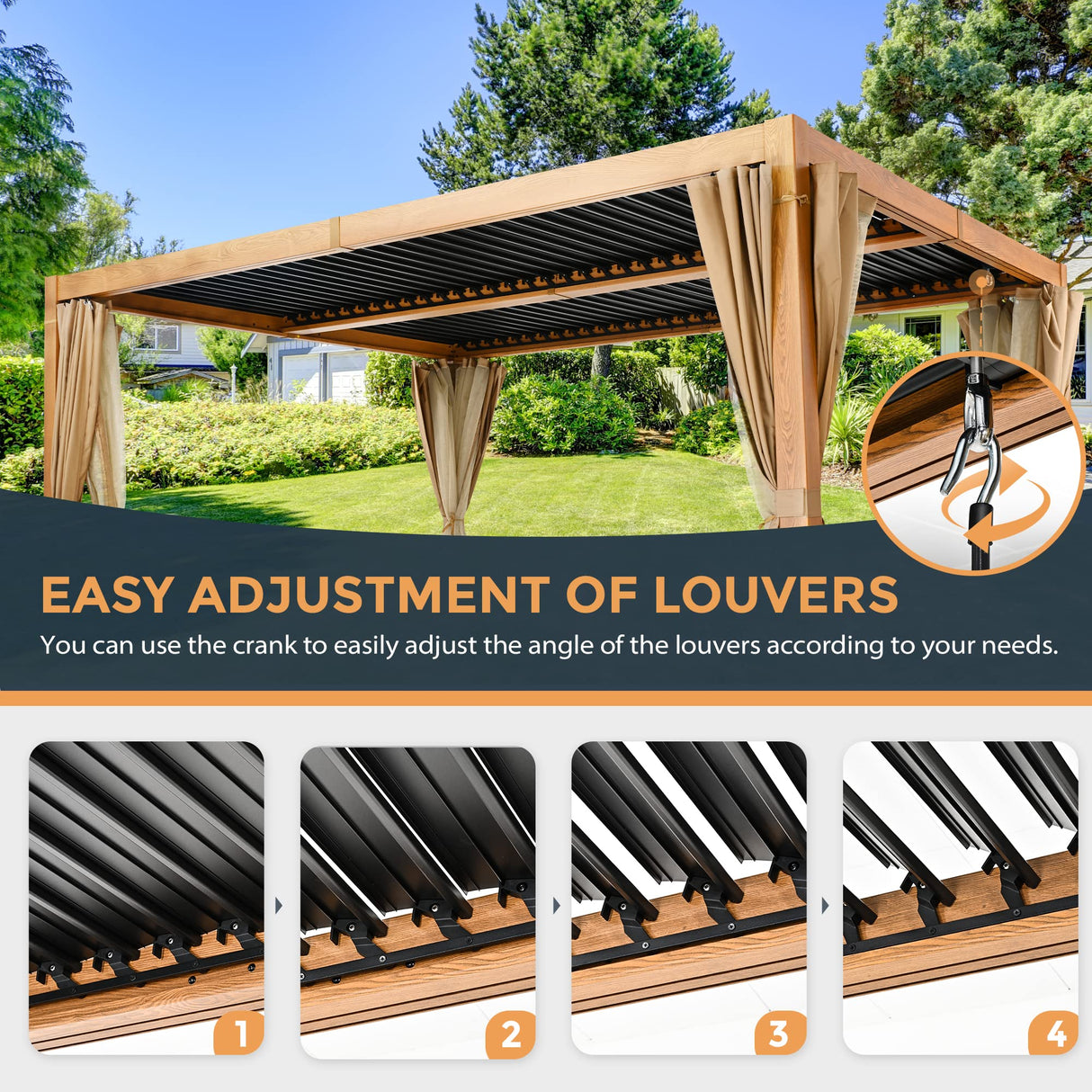 HAPPATIO Louvered Pergola 10x13 Outdoor Pergola, Woodgrain-Look Metal Pergola with Adjustable Rainproof Roof, Patio Pergola with Curtains and HAPPATIO