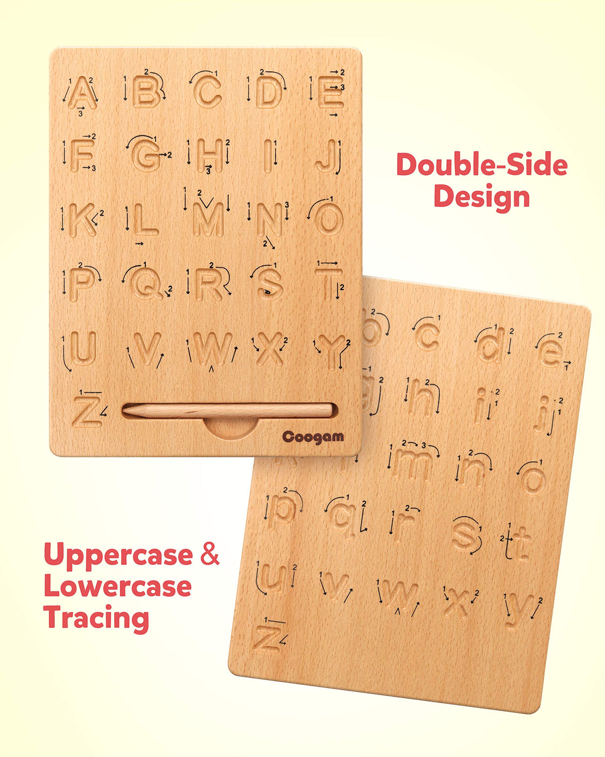 Coogam Wooden Letters Practicing Board, Double-Sided Alphabet Tracing Tool Learning to Write ABC Educational Toy Game Fine Motor Montessori Gift for Coogam