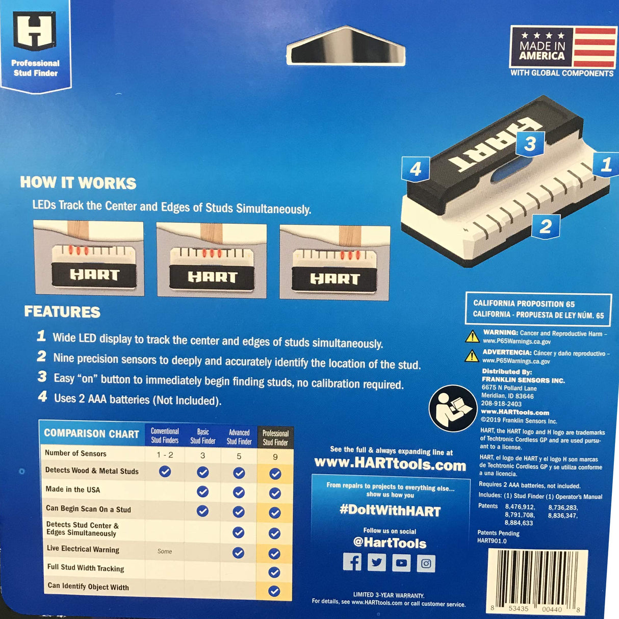 HART PROFESSIONAL STUD FINDER | CENTER & EDGE FINDER | 5" LED DISPLAY • 9-SENSORS • 1.5" DETECTION DEPTH | WOOD & METAL STUDS Hart