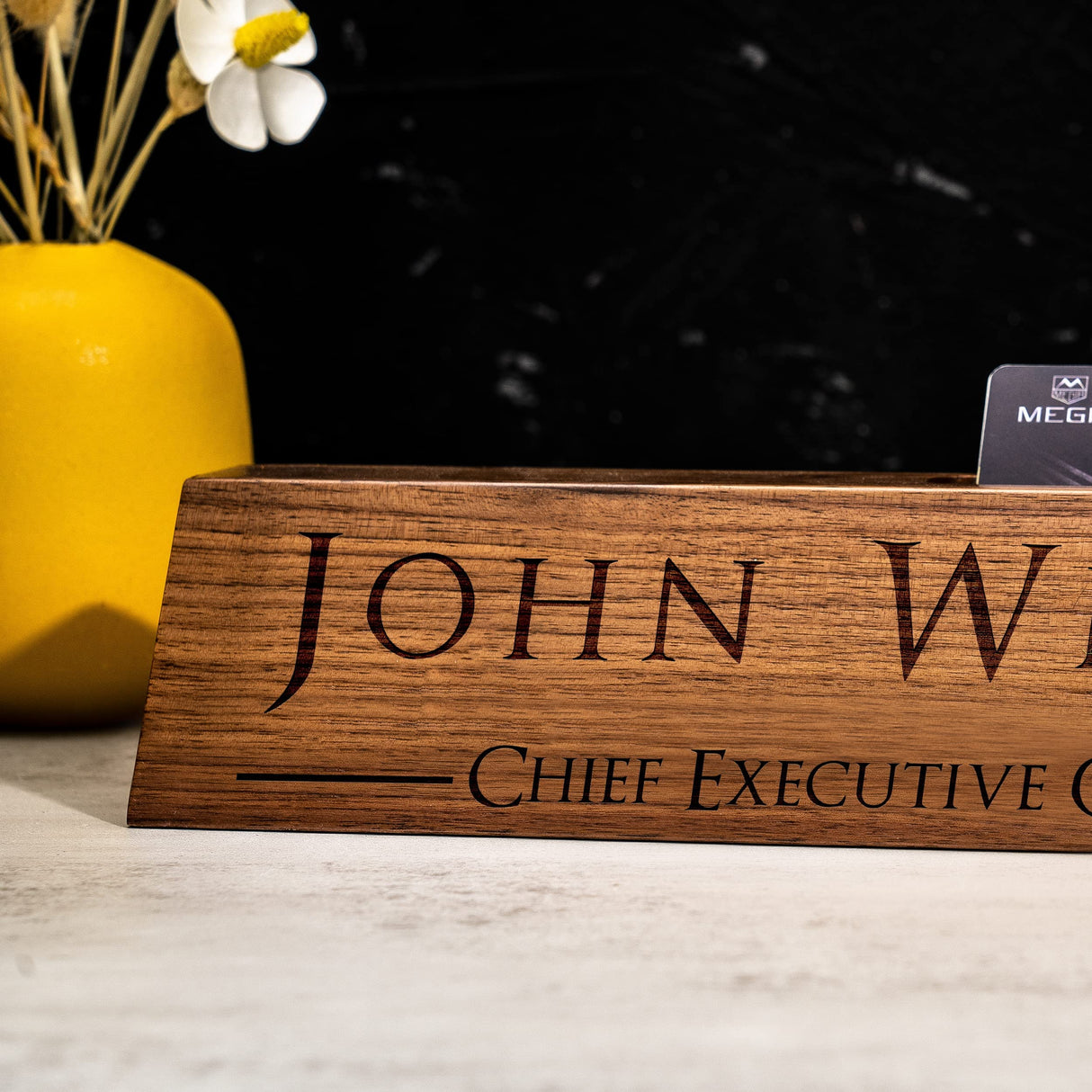 Personalized Wood Desk Name Plates, Custom Engraving Name Plates with Business Card Holder for Desks, Office Gift for Boss Teacher CEO Coworker, Man KWOOD