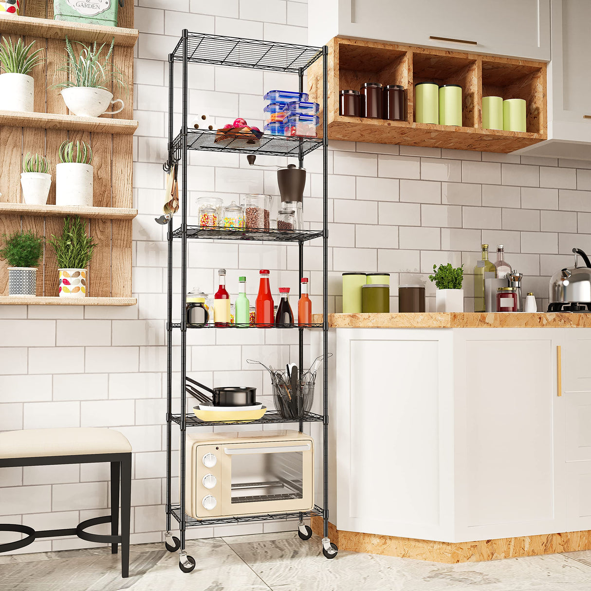 Homdox 6-Tier Storage Shelf Wire Shelving Unit Free Standing Rack Organization with Caster Wheels, Stainless Side Hooks, Black Homdox