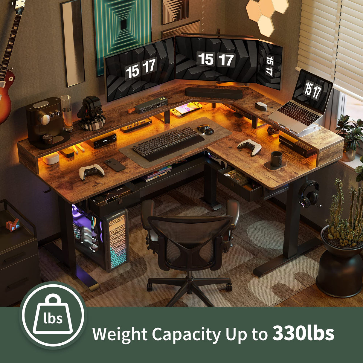 FEZIBO 63" L Shaped Standing Desk with LED Strip, Electric Triple Motor Sit Stand up Corner Desk Height Adjustable with Monitor Stand & Shelves, 2 FEZIBO