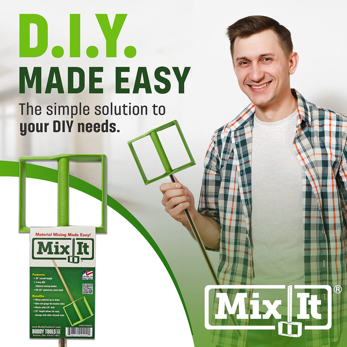 Multi-Material Mixer for Paint, Epoxy Resin, Potting Soil, Joint Compound - ABS Paddle, 18" Length, Non-Slip 3/8" Zinc Plated Hex Shaft for 1/2" Buddy Tools LLC