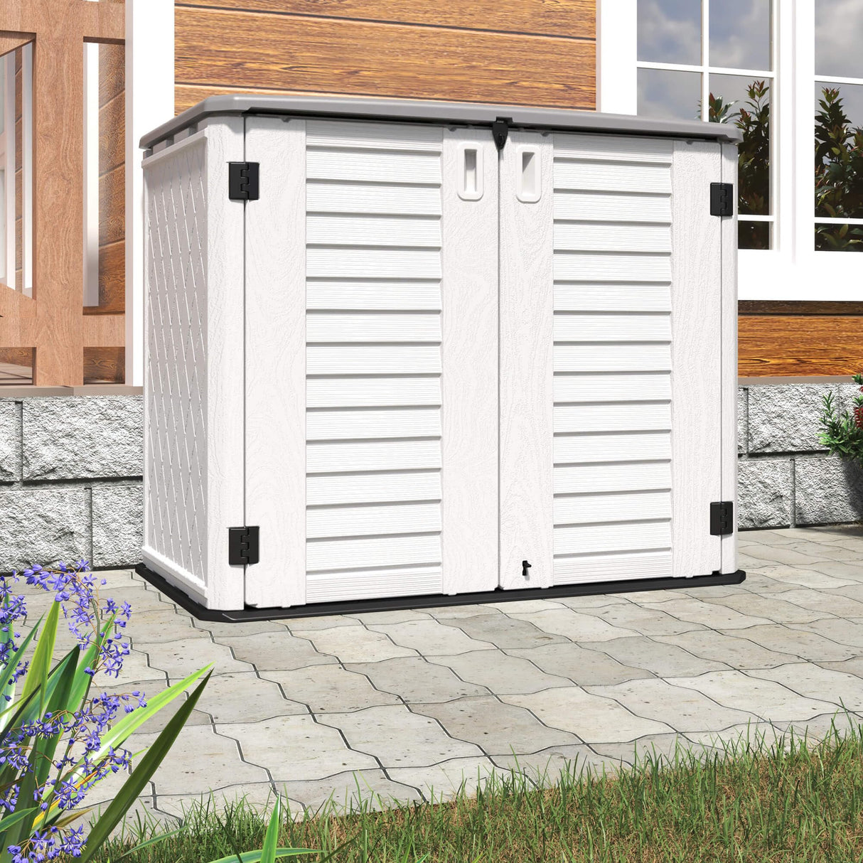 HOMSPARK Outdoor Storage Shed Weather Resistance, Thickened Resin Outdoor Storage Cabinet, 4×2.5×3.4 FT Horizontal Storage Shed for Garden, Patio, HOMSPARK
