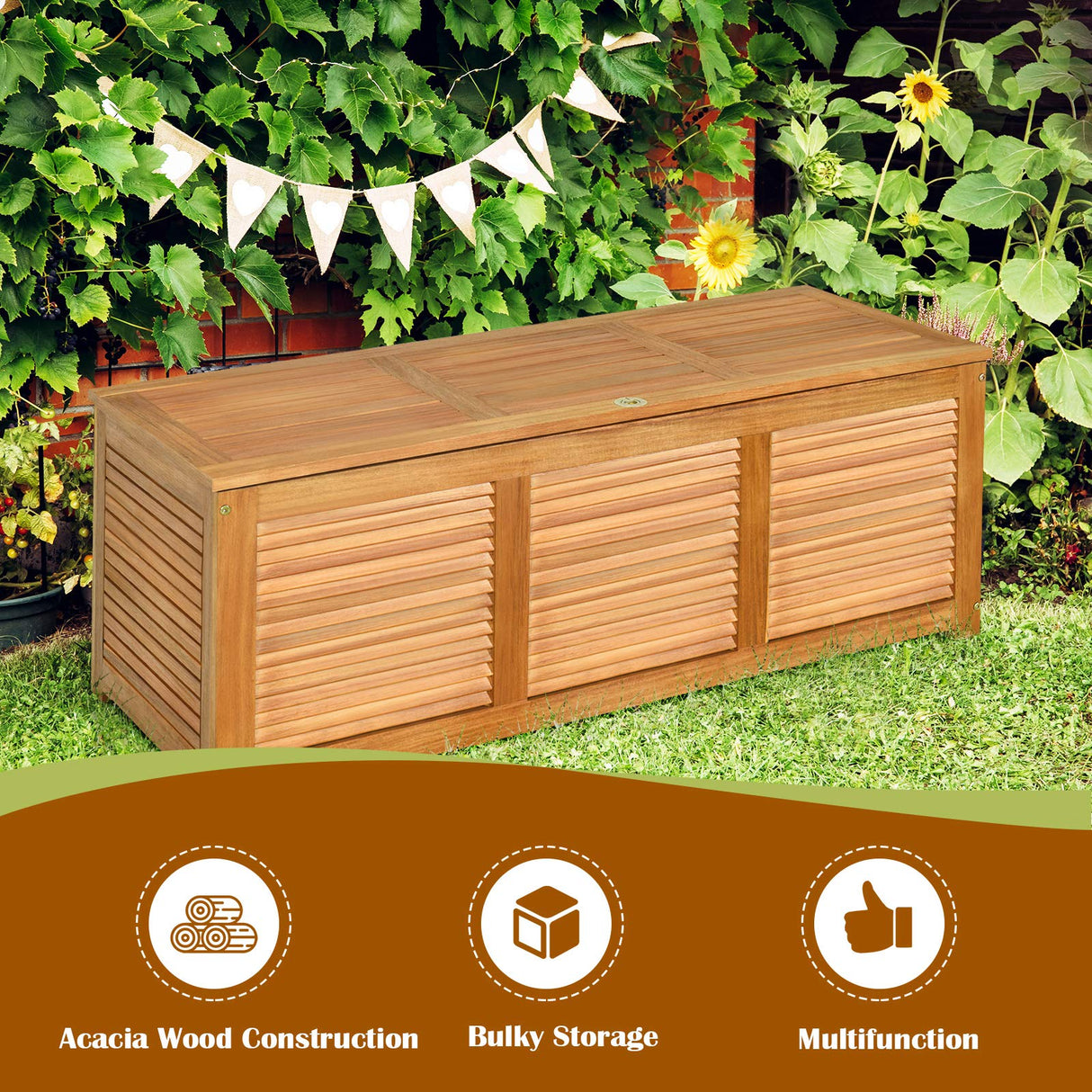 Tangkula 47 Gallon Acacia Wood Deck Box, Garden Backyard Storage Bench, Outdoor Storage Container for Patio Furniture Cushions and Gardening Tools Tangkula