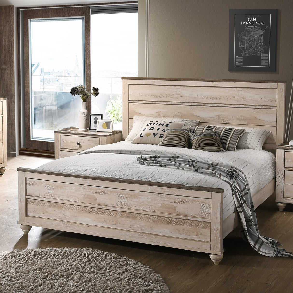 Roundhill Furniture Amerland Contemporary White Wash Finish 4-Piece Bedroom Set, Roundhill Furniture