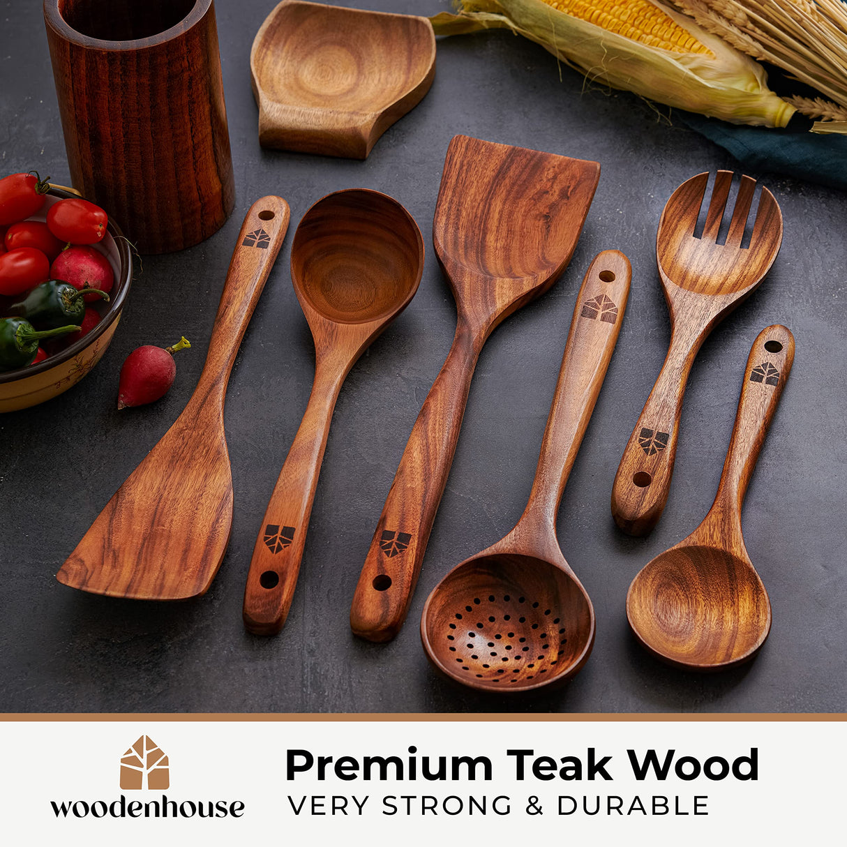 Wooden Spoons for Cooking – Wooden Utensils for Cooking Set with Holder, Spoon Rest & Hanging Hooks, Teak Wood Nonstick Kitchen Cookware – Durable WOODENHOUSE LIFELONG QUALITY