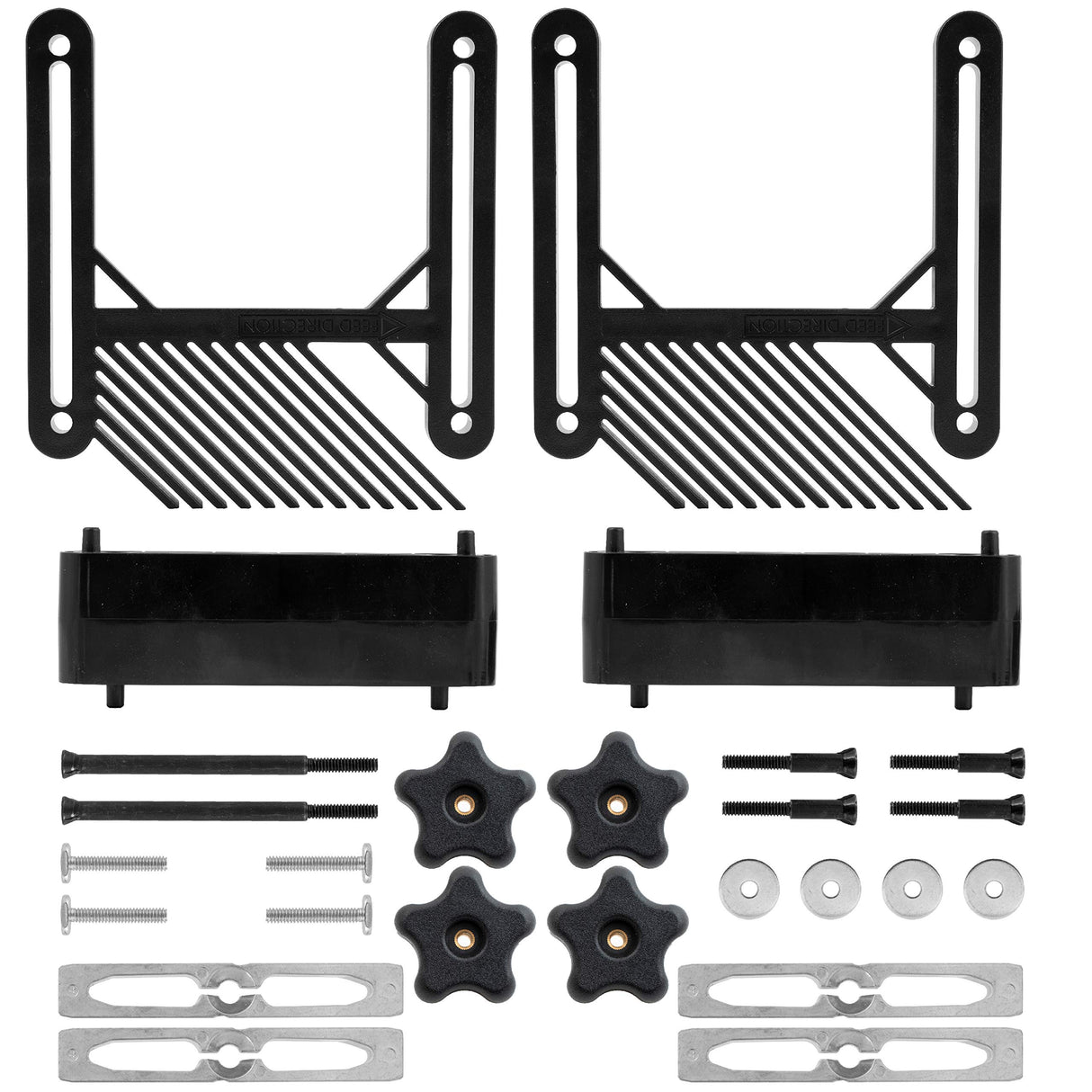 Fulton Dual Deluxe Stackable Featherboards with Riser Blocks Aluminum Miter Lock Bar and T Bolt Hardware for Track or Miter Slot Mounting Ideal for Fulton