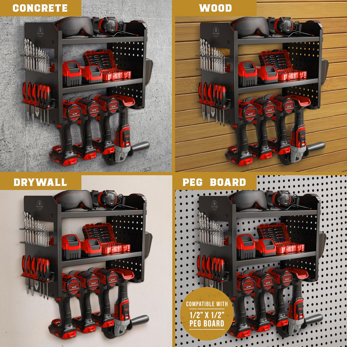 BUILTSTRONG Power Tool Organizer Wall Mount - 3-Tier Heavy-Duty Metal Hand Tool Storage Rack, Utility Racks, Drill Holder, PegBoard Side, & More - BUILTSTRONG