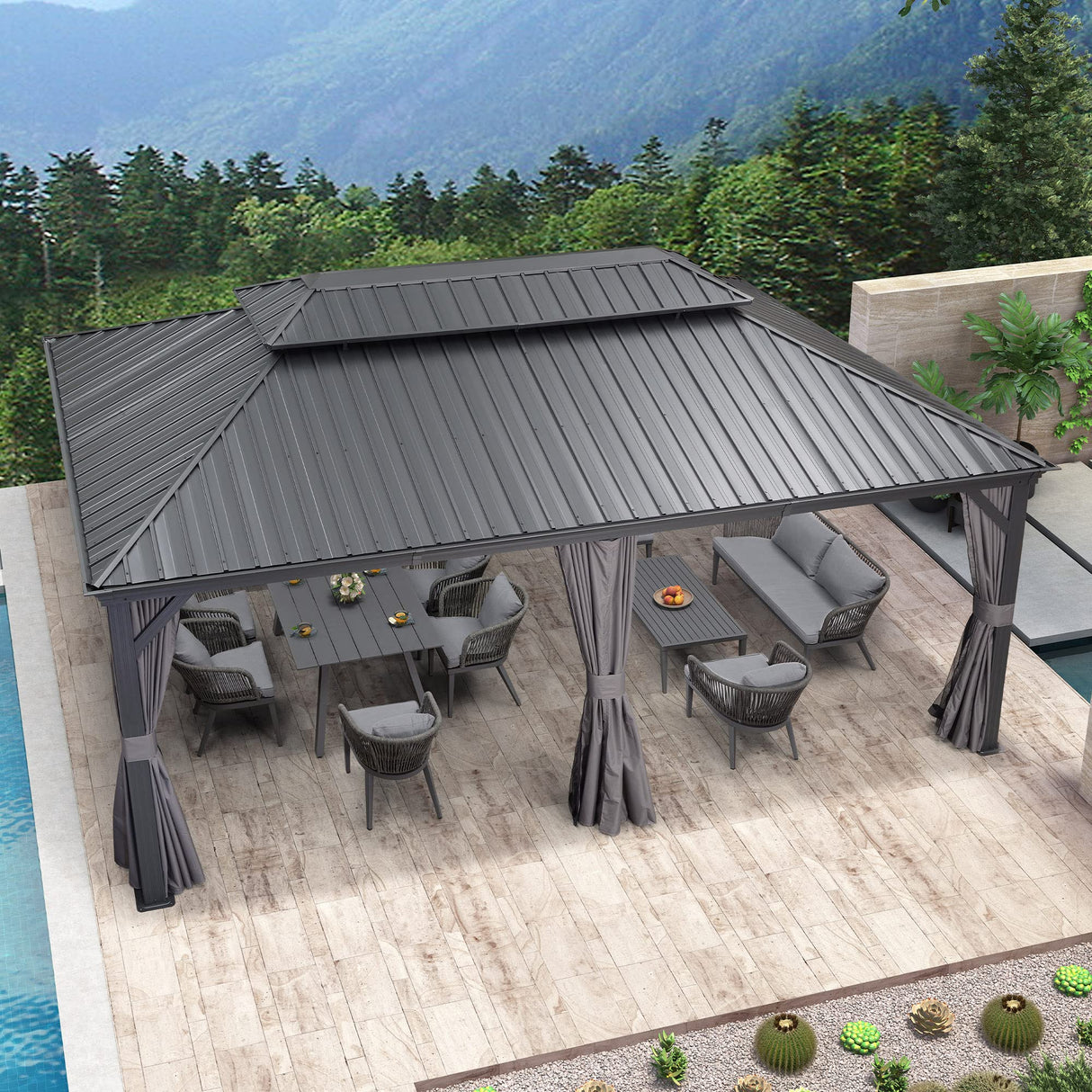 PURPLE LEAF 12' X 20' Permanent Hardtop Gazebo Aluminum Gazebo with Galvanized Steel Double Roof for Patio Lawn and Garden, Curtains and Netting PURPLE LEAF