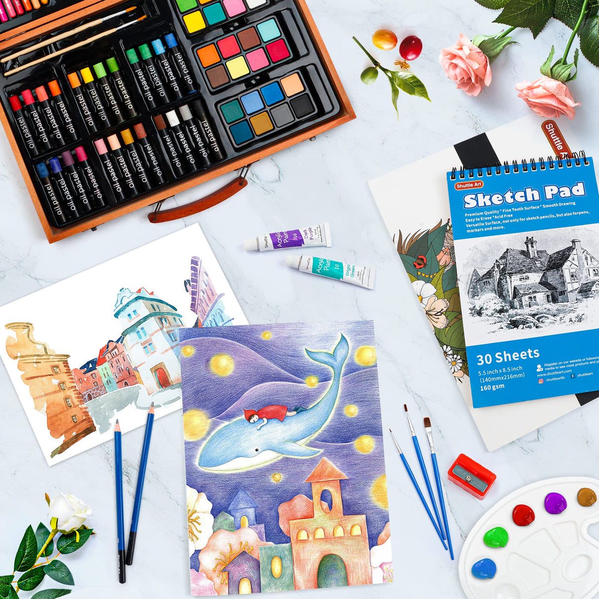Shuttle Art 118 Piece Deluxe Art Set, Art Supplies in Wooden Case, Painting Drawing Art Kit with Acrylic Paint Pencils Oil Pastels Watercolor Cakes Shuttle Art