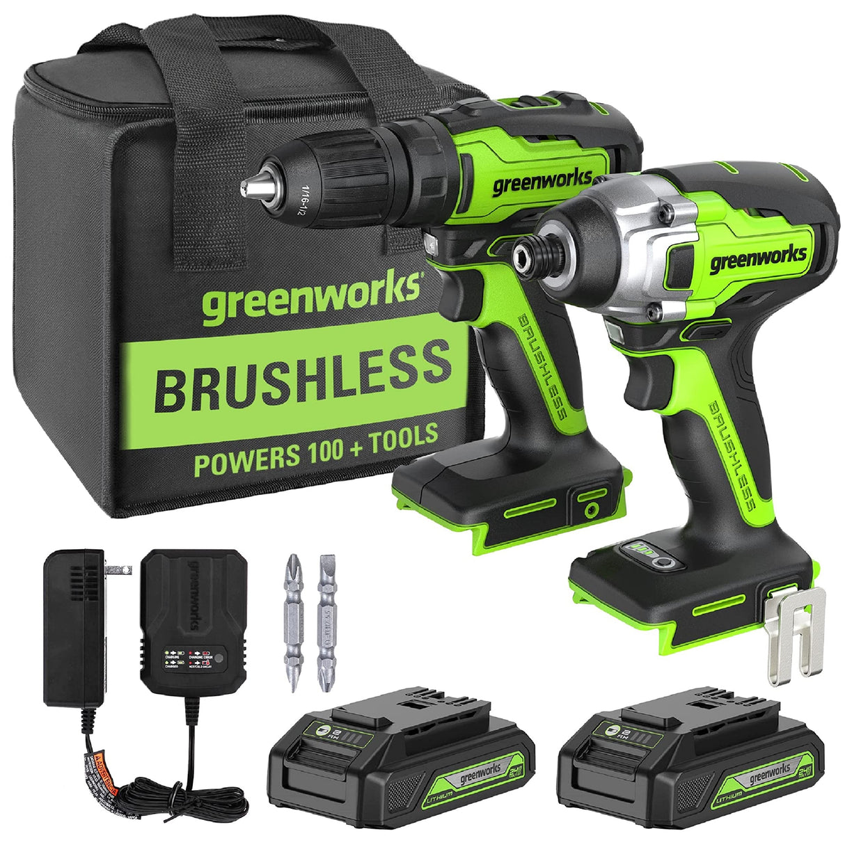 Greenworks 24V Brushless Drill / Impact Driver Combo Kit, (2) 1.5Ah USB (Power Bank) Batteries and Charger Included LED Light, 2pcs Driving Bits with Greenworks
