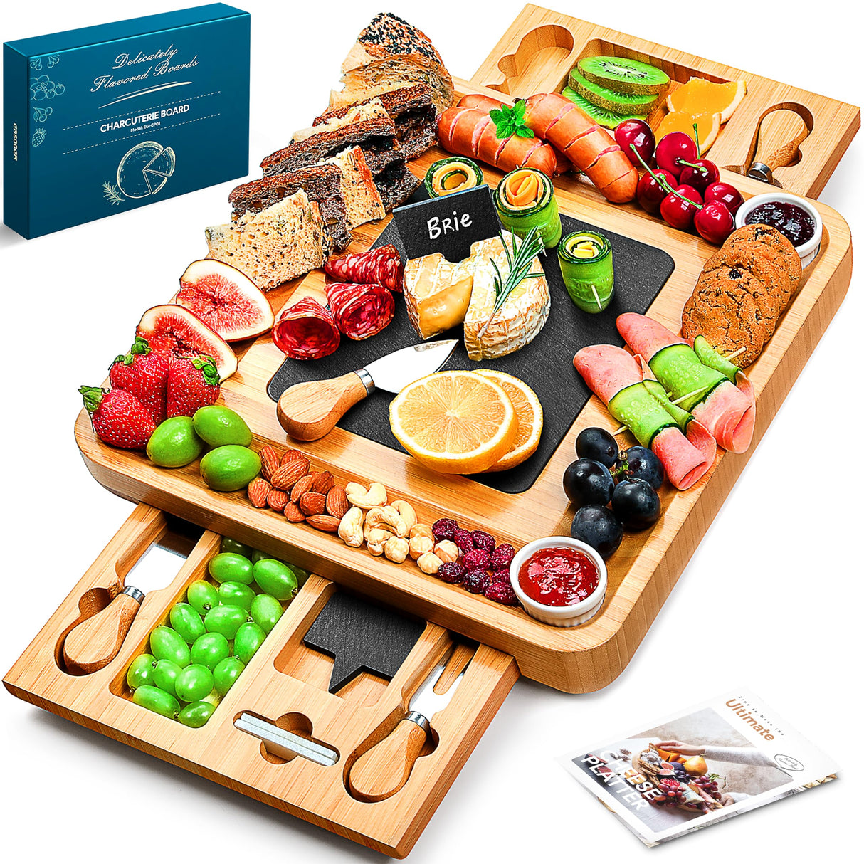 Easoger Large Bamboo Charcuterie Board with 2 Drawers, Knife and Bowls - Unique Housewarming, Wedding and Bridal Gift Easoger