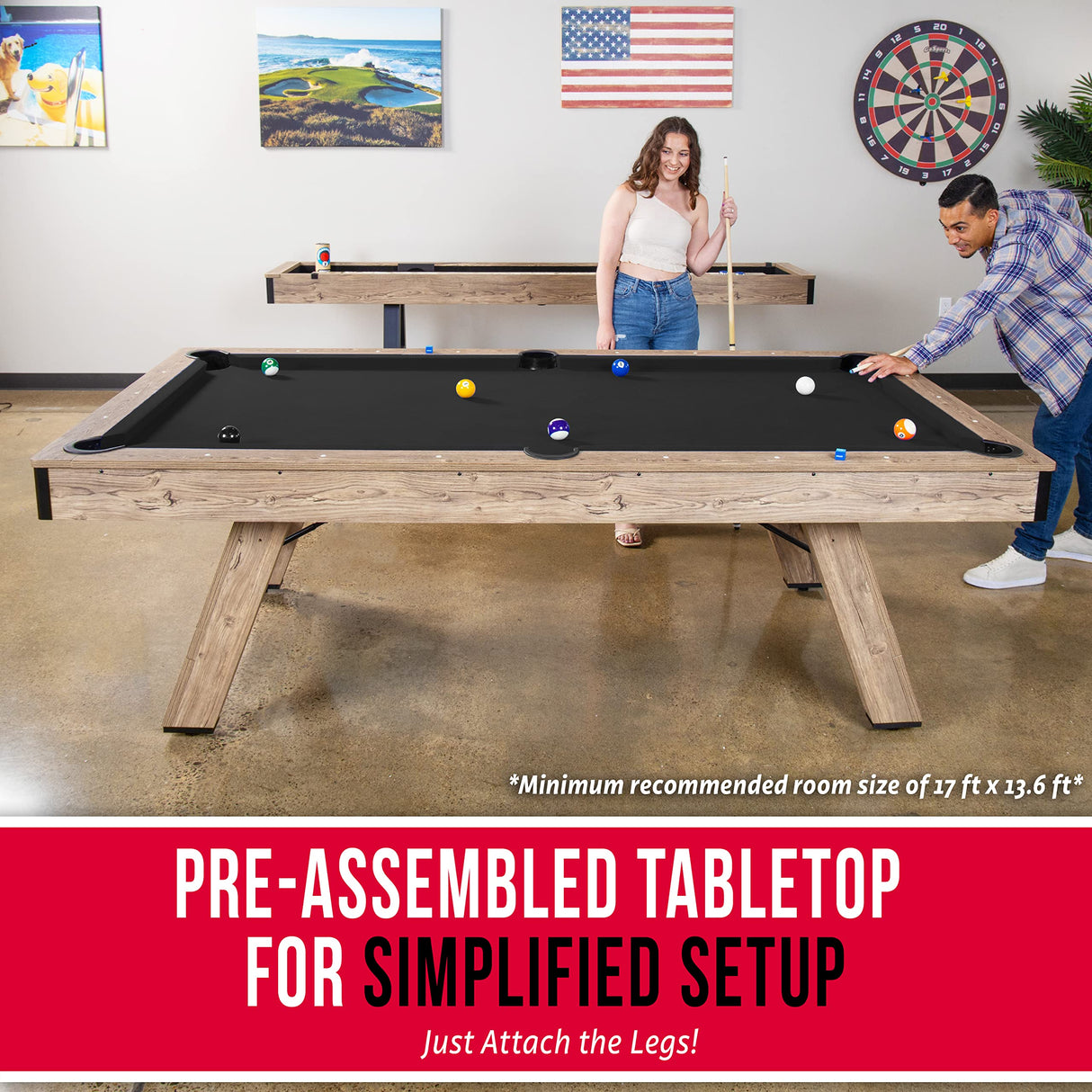 GoSports 8 ft Pool Table with Wood Finish - Modern Billiards Table with 2 Cue Sticks, Balls, Rack, Felt Brush and Chalk - Choose Your Style GoSports