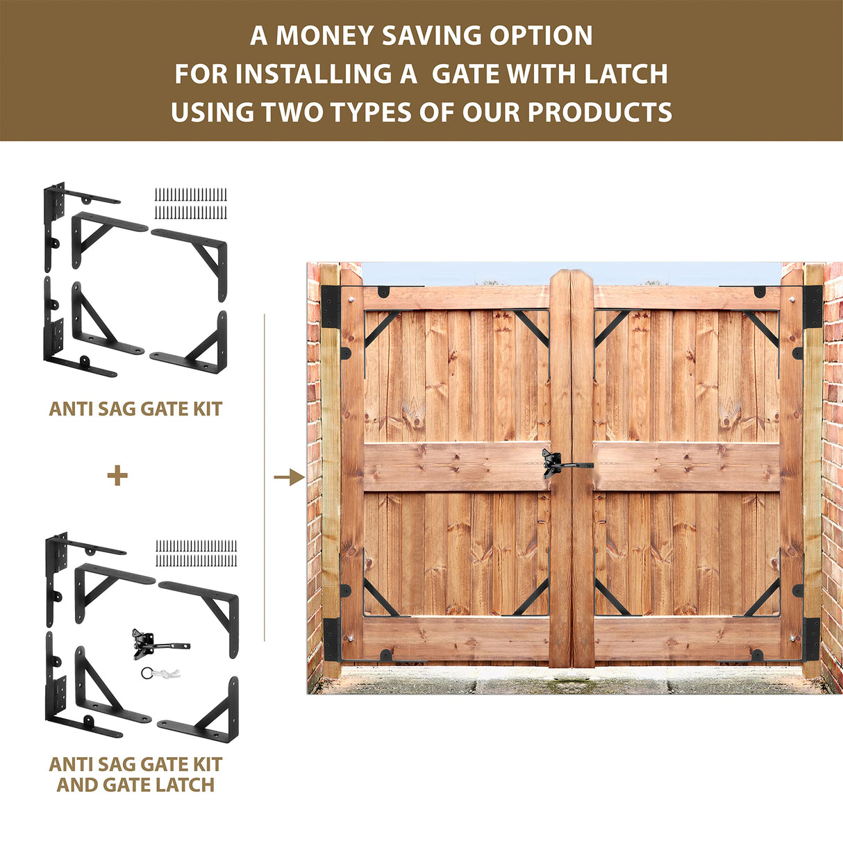 Anti Sag Gate Kit and Gate Latch - Gate Corner Bracket with Gate Hinges Heavy Duty for Wooden Fences-No Sag Gate Corner Brace Bracket for Doors, TANIVO