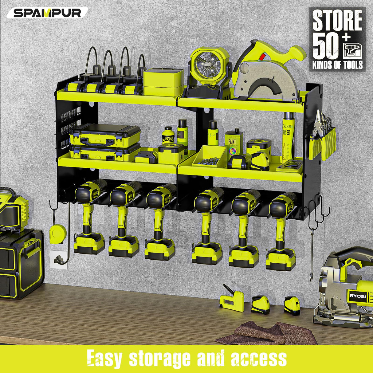 Spampur Power Tool Organizer Wall Mount with Charging Station, Tool Shelf 6 Drill Holders, Heavy Duty Metal Premium Garage Utility Rack, Cordless Spampur