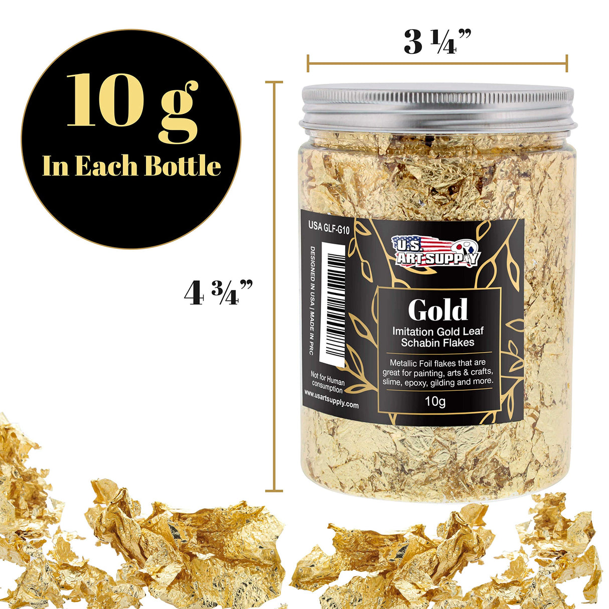 U.S. Art Supply Metallic Foil Schabin Gilding Gold Leaf Flakes - Imitation Gold in 10 Gram Bottle - Gild Picture Frames, Paintings, Furniture, U.S. Art Supply