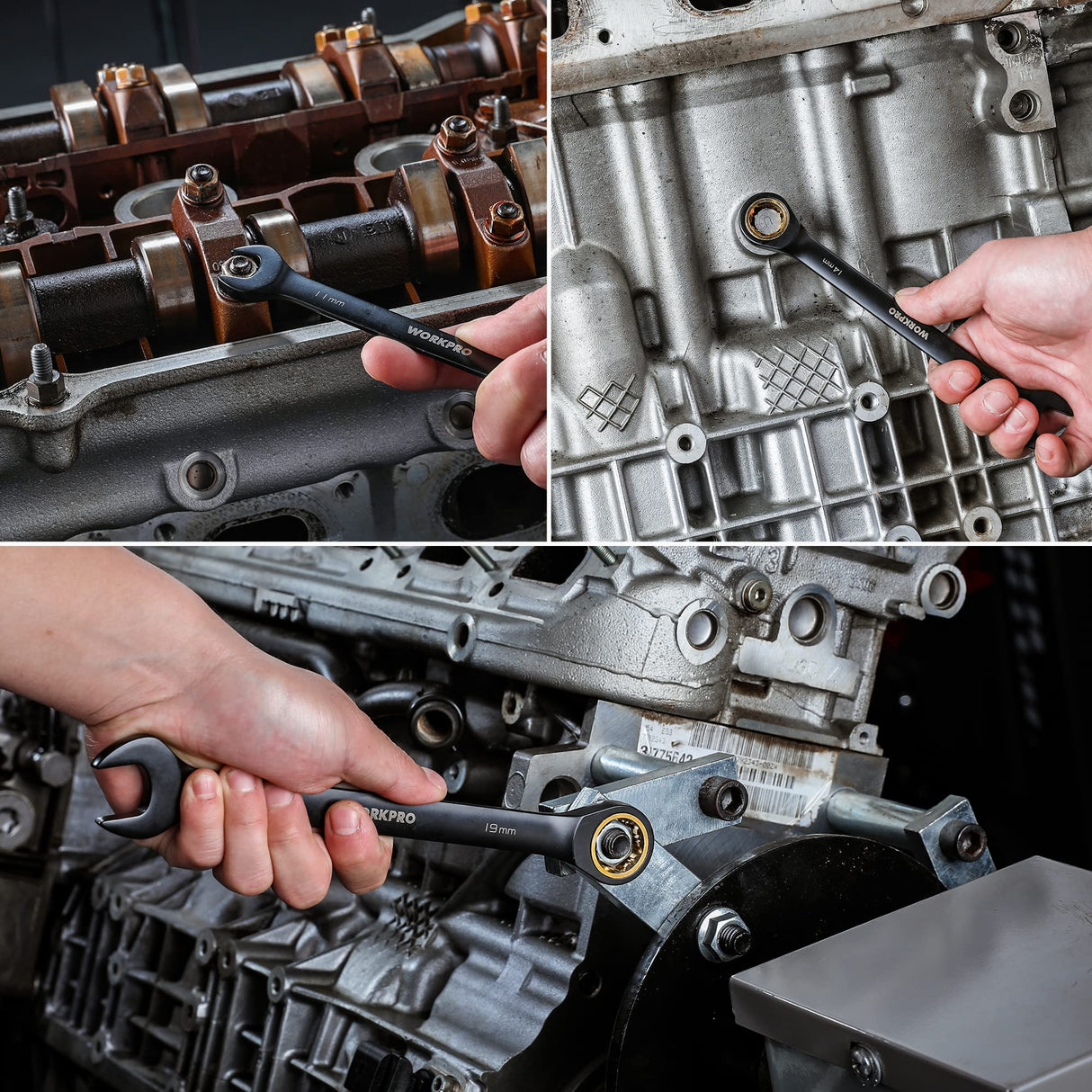 WORKPRO 9-Piece Anti-Slip Ratcheting Combination Wrench Set, Metric 8-19 mm, 72-Tooth, Cr-V Constructed, Black Ratchet Wrenches Set with Roll Up WORKPRO