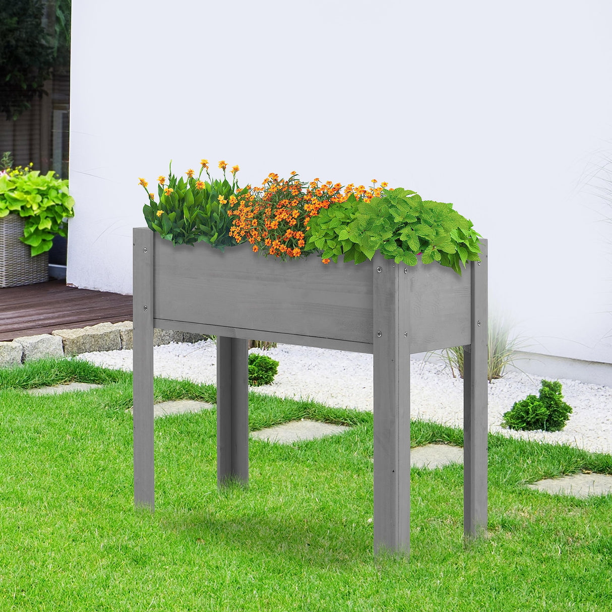 Raised Garden Bed with Legs, 31x16x31'', Outdoor Wood Elevated Planter Box, Grey Cedar, Thick Legs, w/Liner SoliWood
