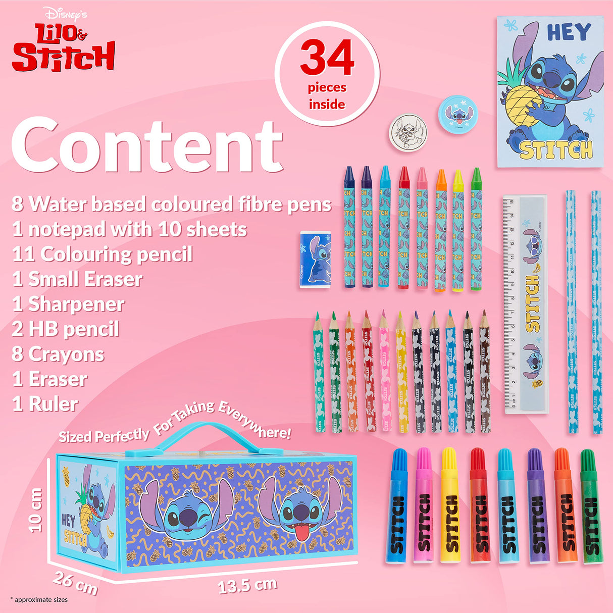 Disney Stitch Colouring Pencils for Kids Colouring Pens Crayons Art Supplies in Art Box Kids Colouring Sets 30 Plus Pieces Travel Case Stitch Gifts Disney