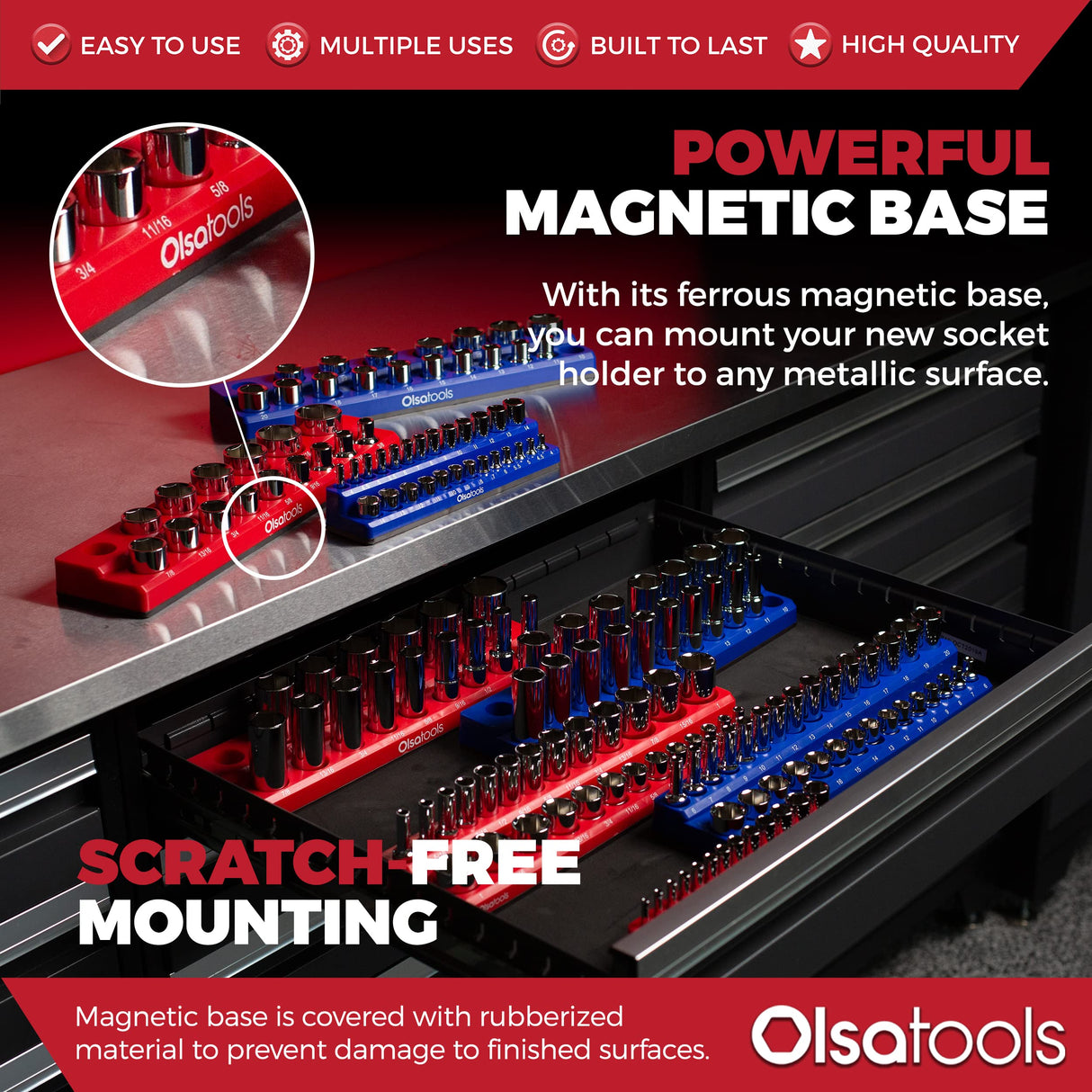 Olsa Tools Magnetic Socket Organizers | 3 Piece Set Socket Holder Kit | 1/2-inch, 3/8-inch, & 1/4-inch Drive | SAE Red | Holds 68 Sockets | Olsa Tools