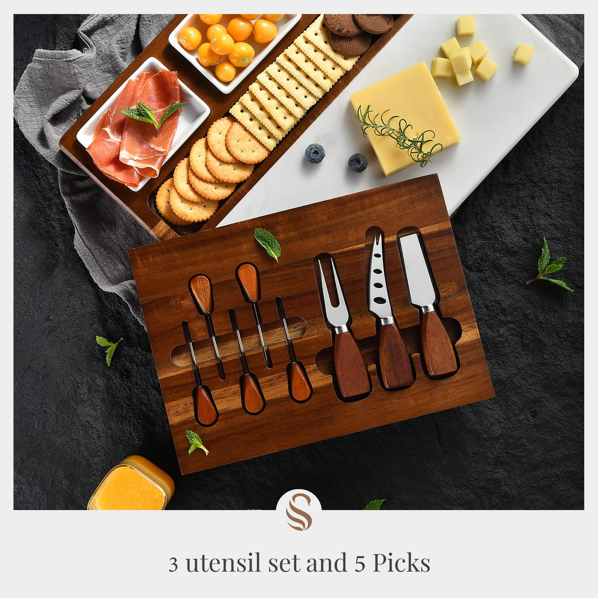 Shanik Wood - Marble Cheese Board Set with 3 Ceramic Bowls - Stainless Steel Cutlery Set, Charcuterie Board Set & Gift for Any Occasion (Without Shanik