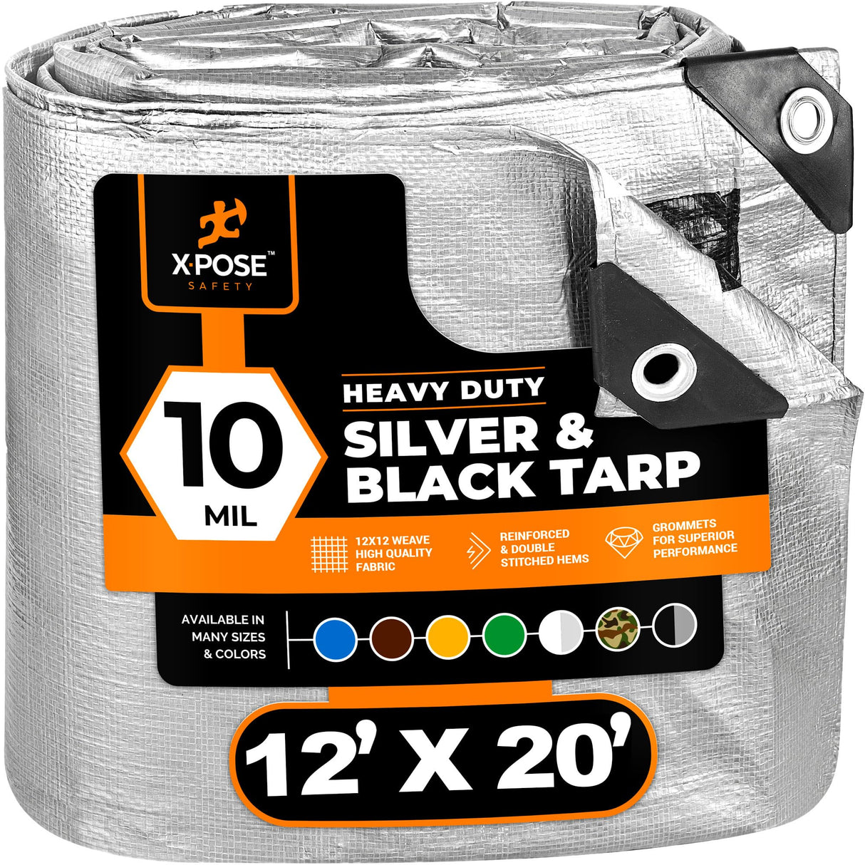 Heavy Duty Poly Tarp - 12' x 20' - 10 Mil Thick Waterproof, UV Blocking Protective Cover - Reversible Silver and Black - Laminated Coating - Grommets Xpose Safety