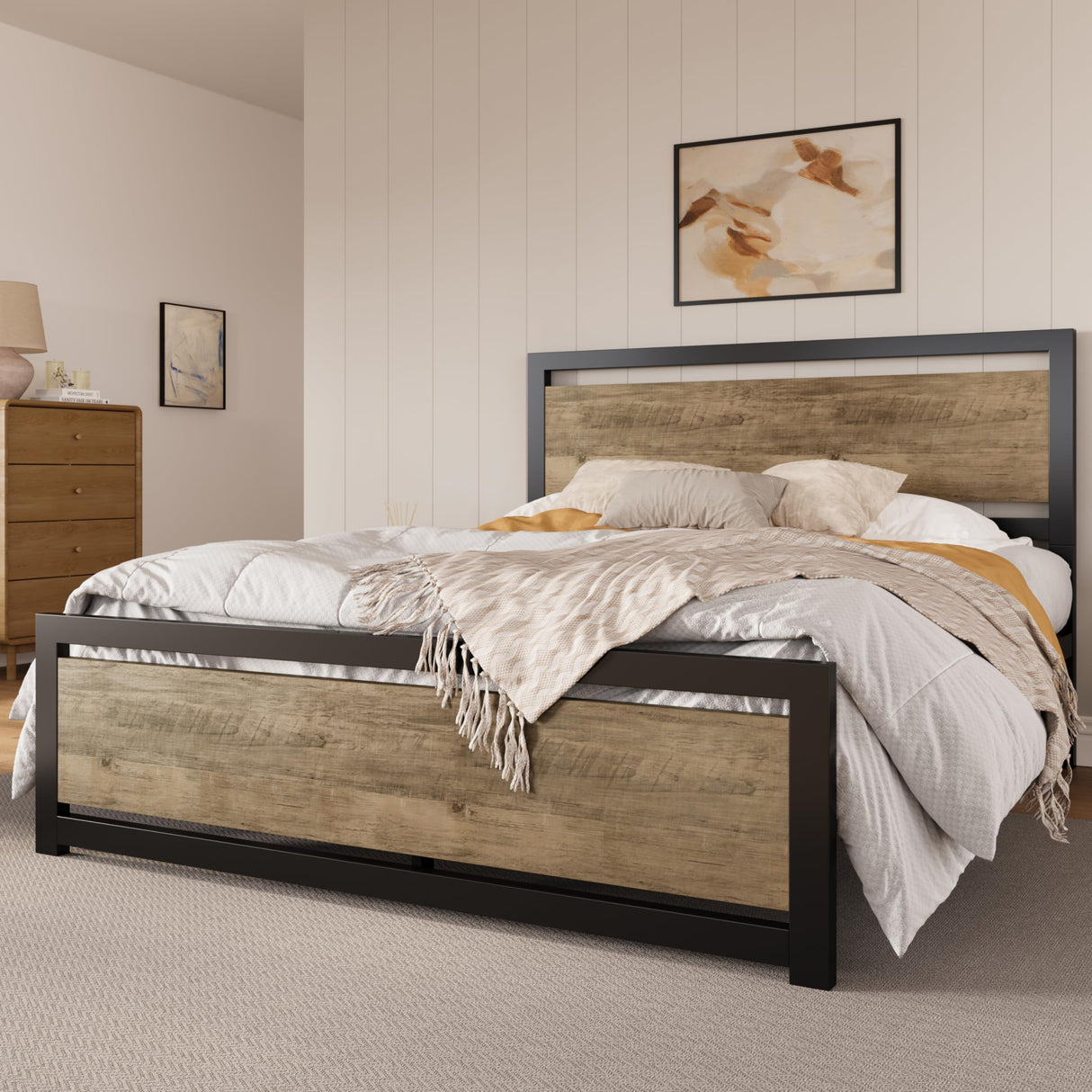 SHA CERLIN Queen Size Metal Platform Bed Frame with Wooden Headboard and Heavy Duty Support SHA CERLIN