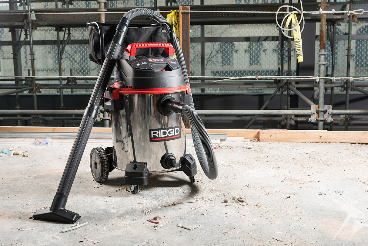 RIDGID 50353 1610RV Stainless Steel 16-Gal. Wet Dry Shop Vacuum with Cart, 6.5 Peak HP Motor, Large Wheels, Pro Hose, Drain, and Blower Port, Red RIDGID