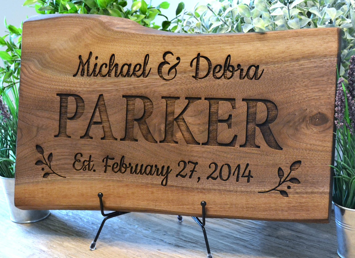 Personalized Cutting Board Wedding Gift Elegant Walnut Polished Live Edge Wood Display Custom Engraved Rustic Unique Anniversary Bride Groom Newlywed GK Grand Personal-Touch Premium Creations