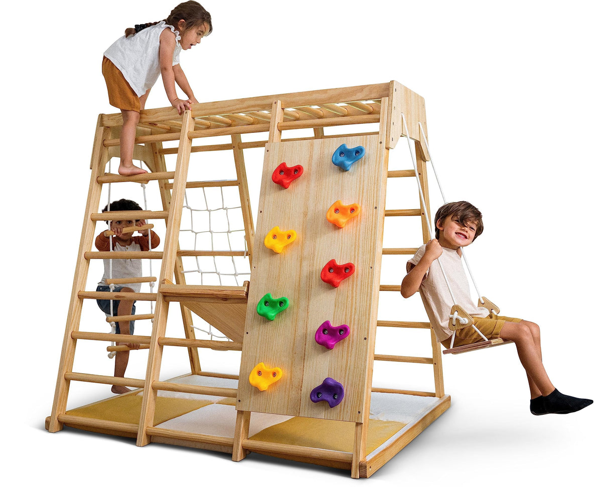 Avenlur Magnolia Indoor Playground 6-in-1 Jungle Gym Montessori Waldorf Style Wooden Climber Playset Slide, Rock Climbing Wall, Rope Wall Climber, Avenlur