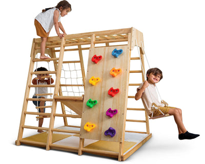 Avenlur Magnolia Indoor Playground 6-in-1 Jungle Gym Montessori Waldorf Style Wooden Climber Playset Slide, Rock Climbing Wall, Rope Wall Climber,