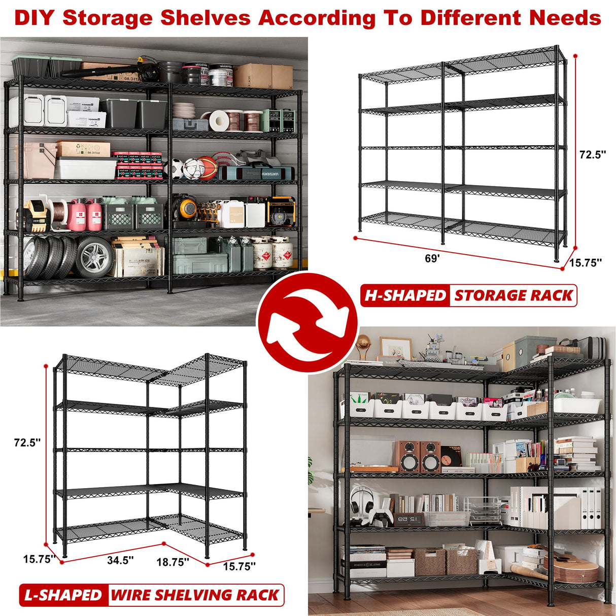 REIBII 69" W Storage Shelves,Wire Shelving Load 1600LB Metal Shelves for Storage 5-Tier Heavy Duty Shelving Unit with Shelf Adjustable Garage REIBII