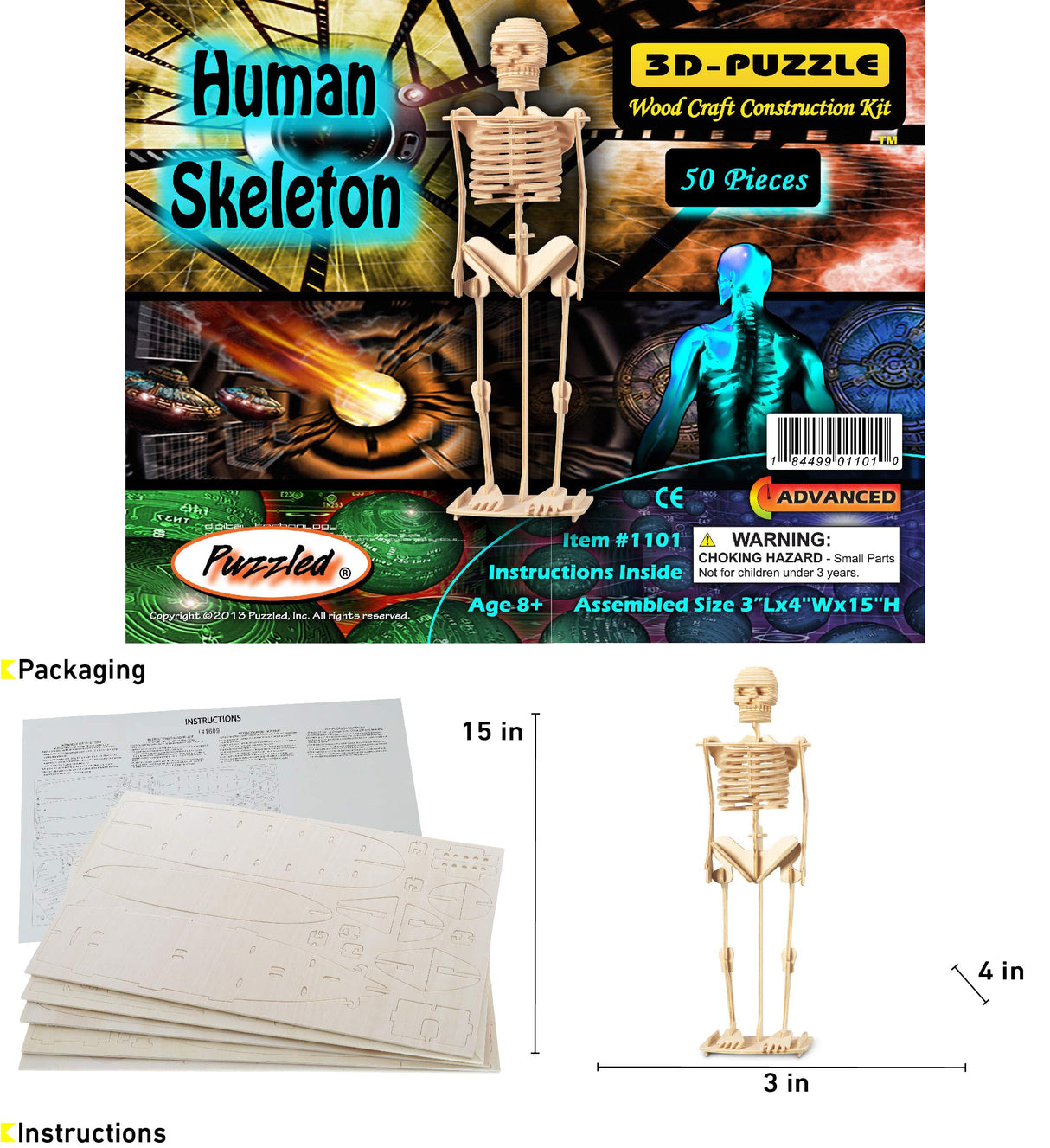 Puzzled 3D Puzzle Human Skeleton Wood Craft Construction Model Kit, Fun & Educational DIY Wooden Toy Assemble Model Unfinished Crafting Hobby Puzzle Puzzled